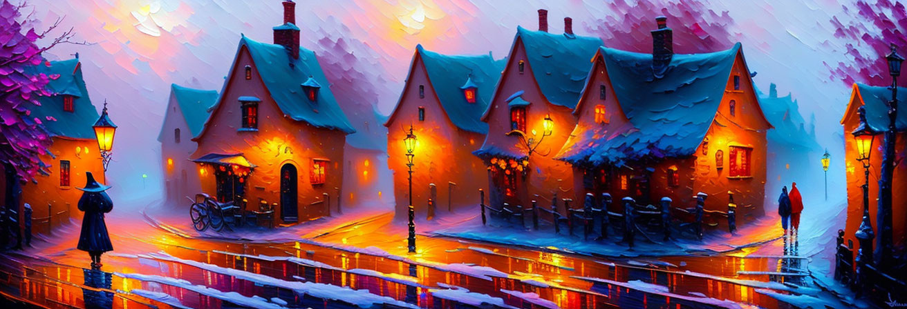 Vibrant snow-covered village street scene at evening