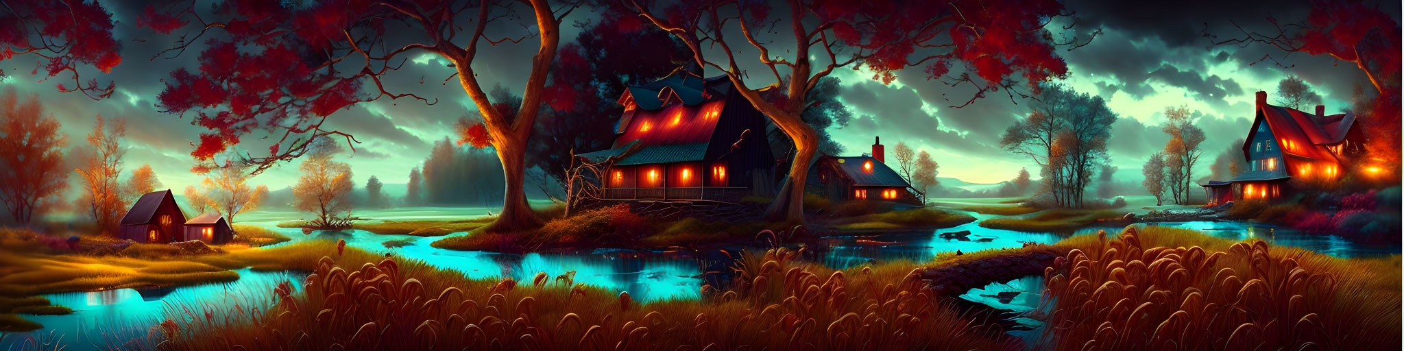 Panoramic fantasy landscape with glowing houses and colorful trees under twilight sky