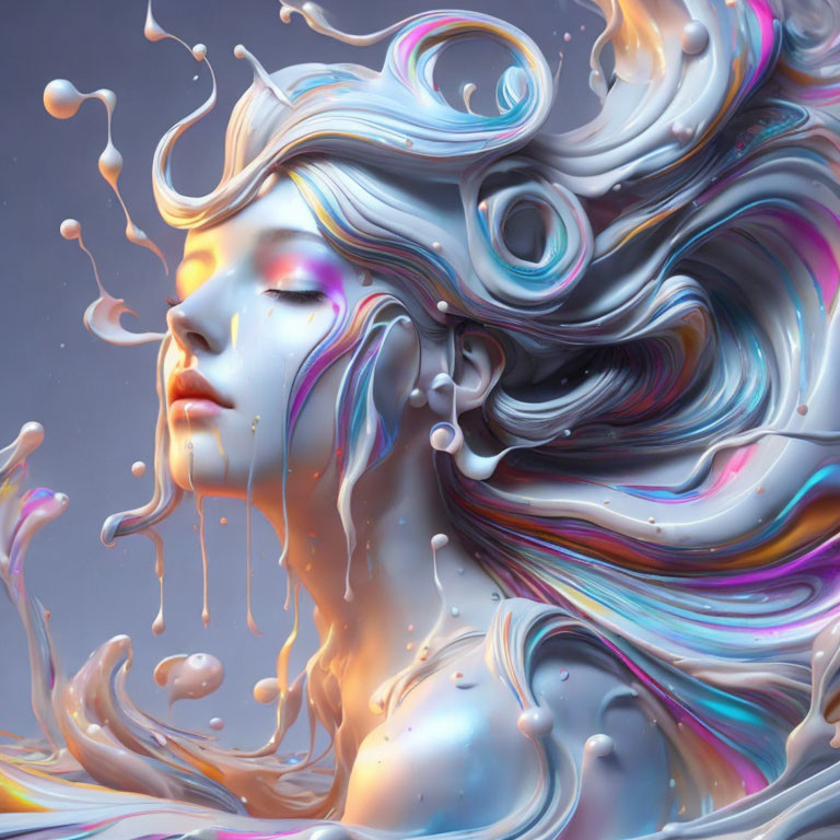 Colorful digital artwork: Woman with swirling liquid hair in blue, purple, and white