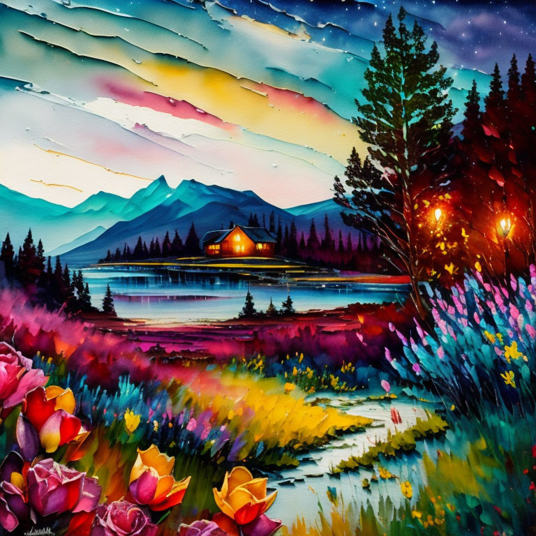 Colorful lakeside landscape at dusk with illuminated trees and mountains under streaked sky