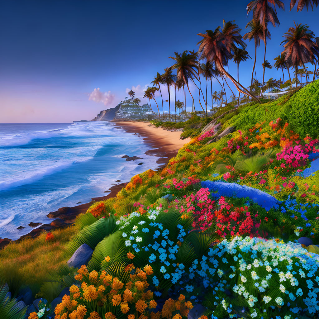 Tropical Beach Scene with Palm Trees and Colorful Flowers