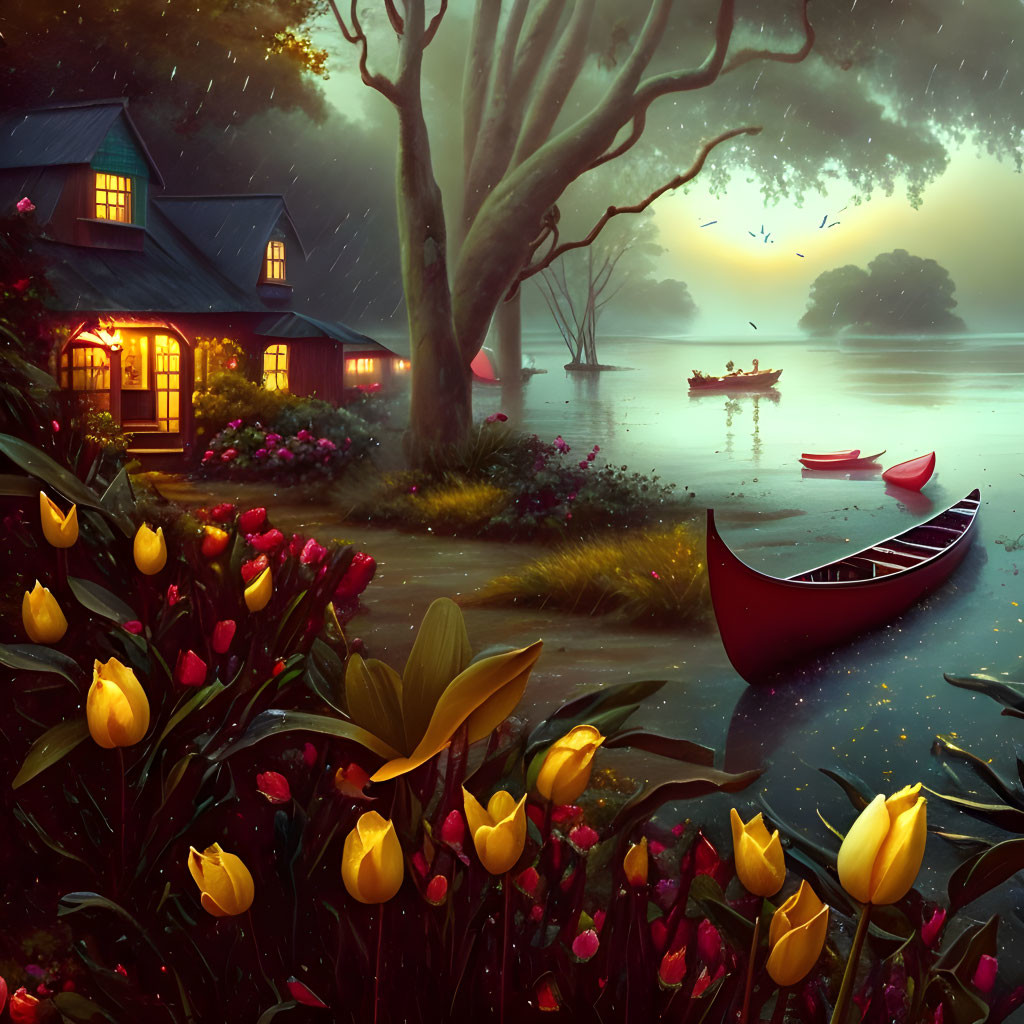 Tranquil lakeside scene: cozy house, glowing windows, tulips, red canoe, person