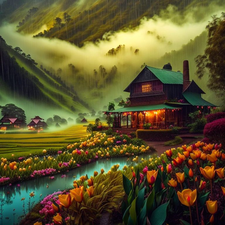 Charming house with tulips, misty hills, and serene waters at dusk