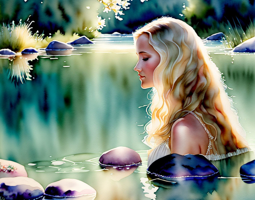 Blonde woman admiring pond in peaceful setting