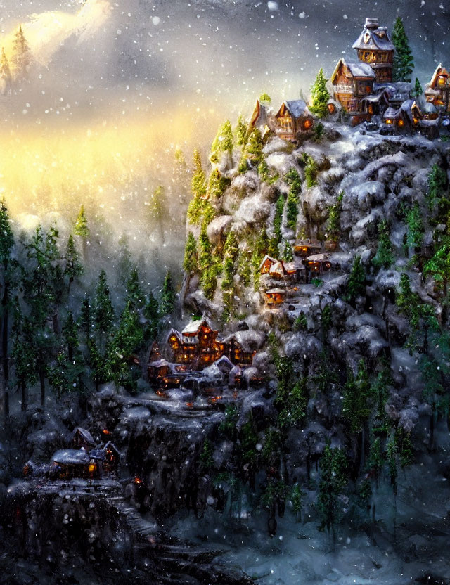 Snowy Mountain Village with Illuminated Cabins in Twilight Snowfall