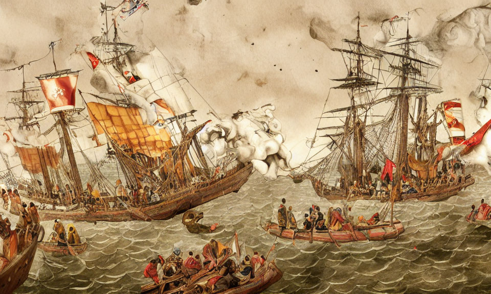 Naval battle scene with sailing ships, small boats, and billowing smoke