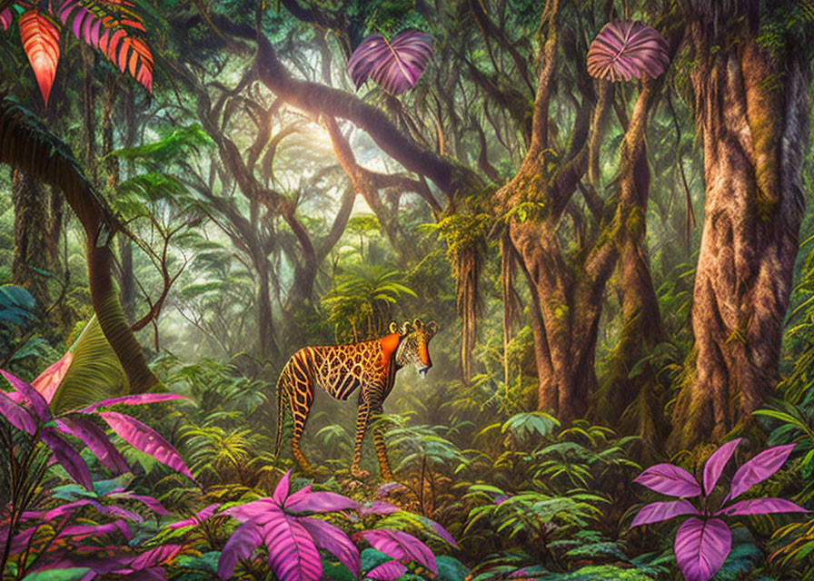 Surreal forest with purple foliage and giraffe with butterfly wings in misty sunlight