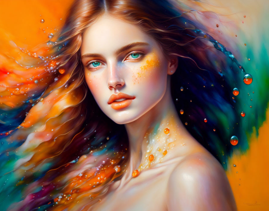 Colorful portrait of woman with flowing hair and sparkling droplets