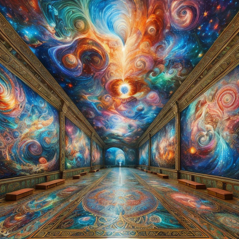 Ornate Renaissance hall with cosmic-themed walls and ceiling