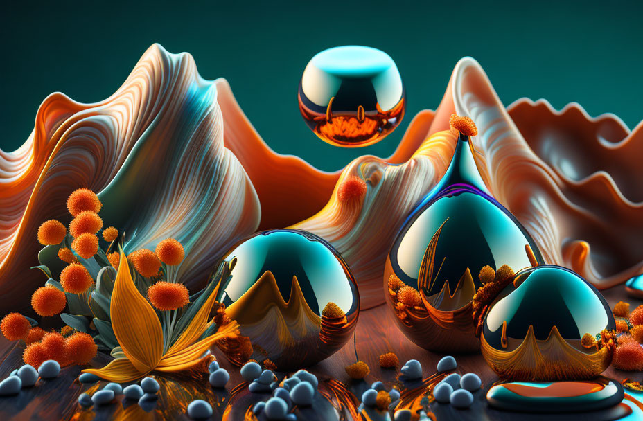 3D landscape with reflective orbs and textured waves on gradient background