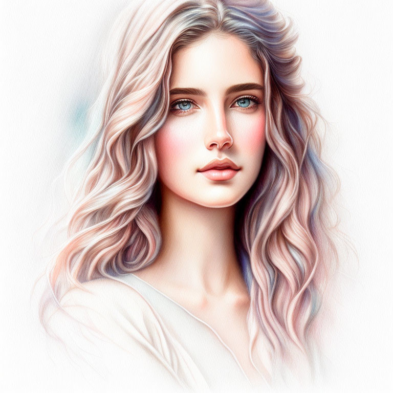 Pastel-haired woman illustration with blue eyes and soft makeup