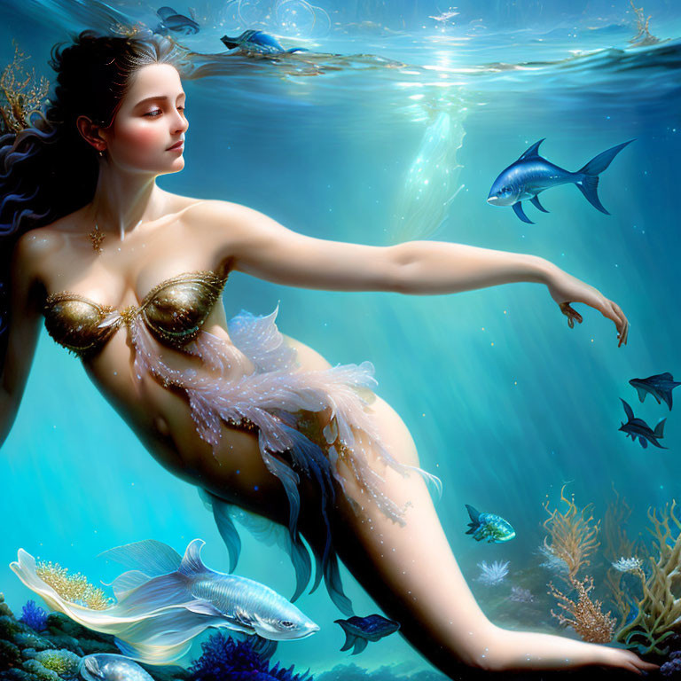 Mermaid with flowing hair underwater surrounded by fish and light.