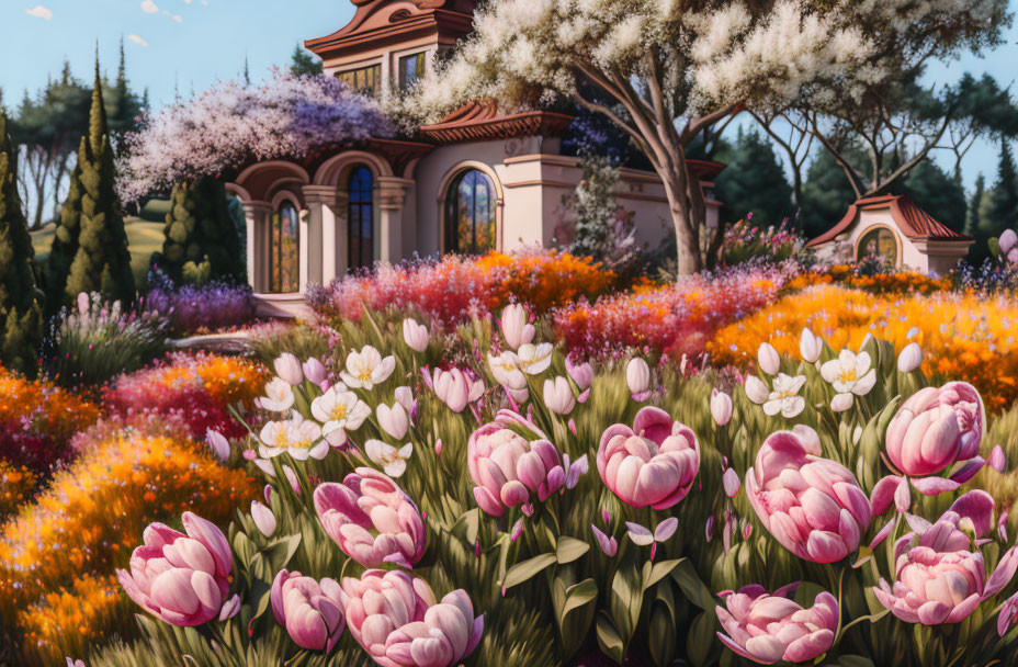 Pink and White Tulips in Vibrant Garden with Elegant House and Trees