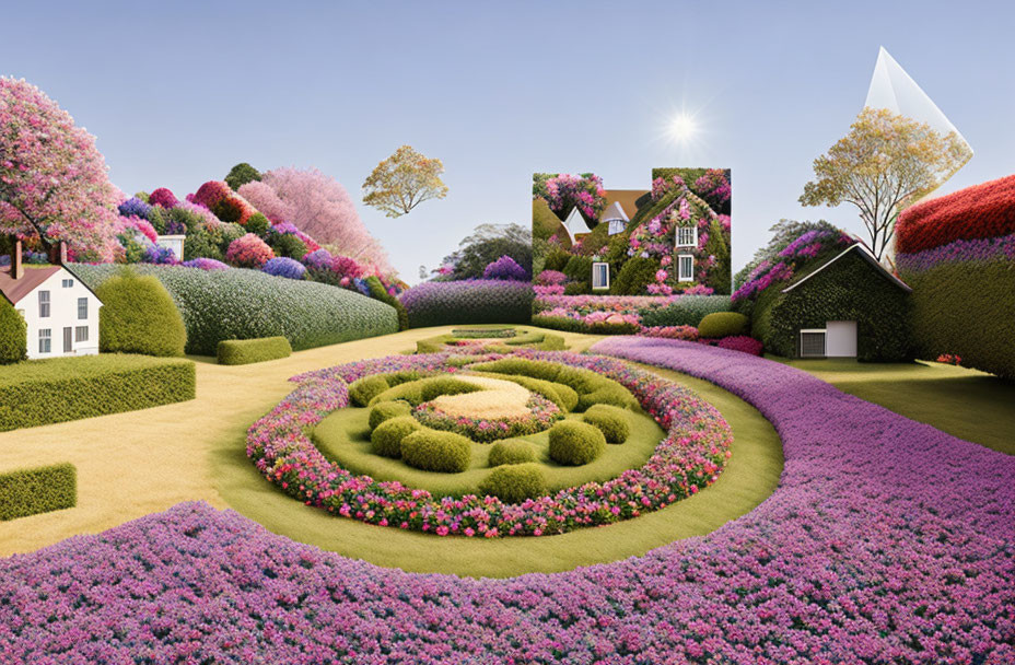 Vibrant flower garden with quaint houses and white pyramid landscape