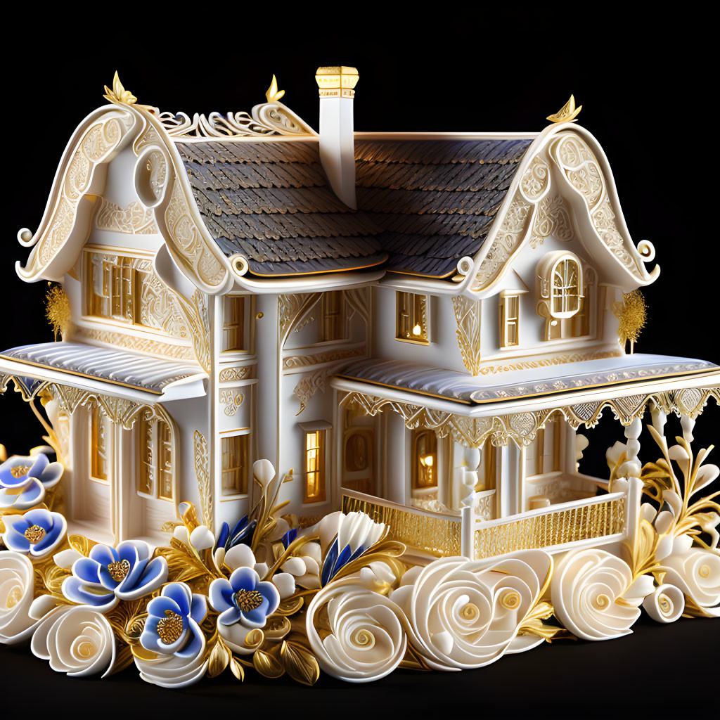 Elaborate Fantasy-Style Miniature House with White and Gold Details