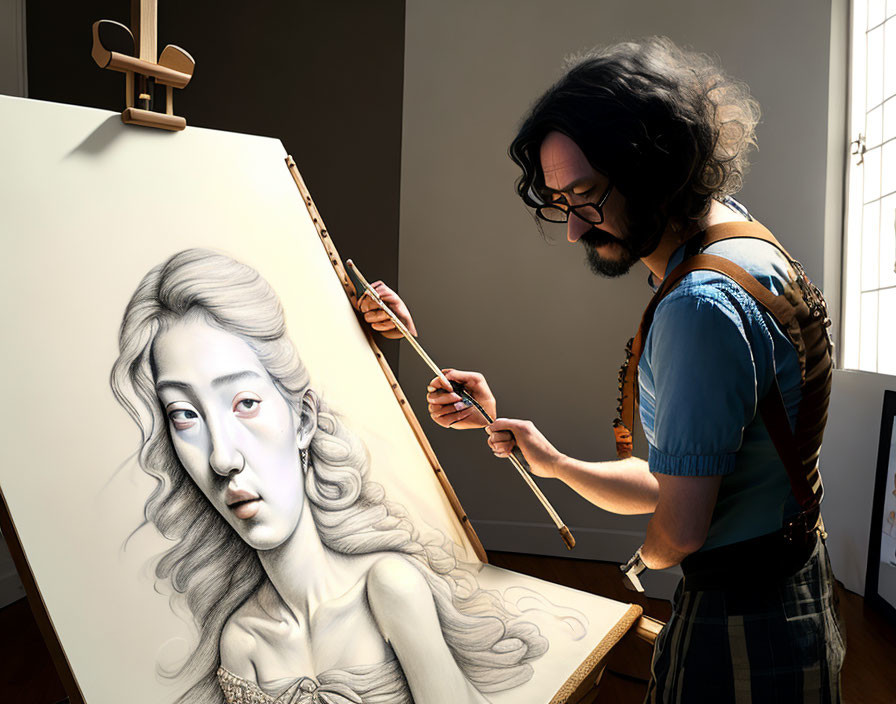 Bearded artist painting detailed monochrome portrait in sunlit room