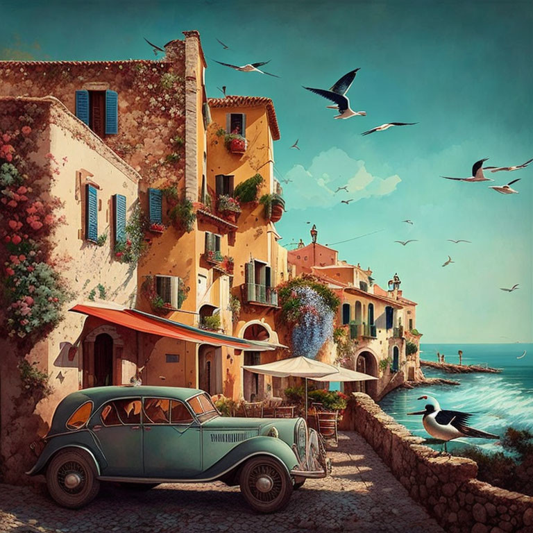 Vintage coastal scene with classic car and flying birds in clear blue sky