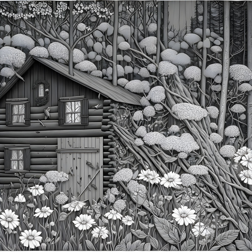 Detailed monochrome forest illustration with log cabin and oversized flowers