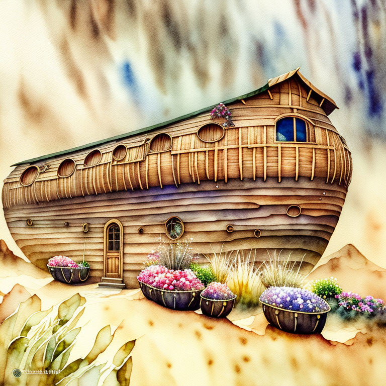 Whimsical wooden boat-shaped house with round windows and vibrant flower pots on rocky landscape