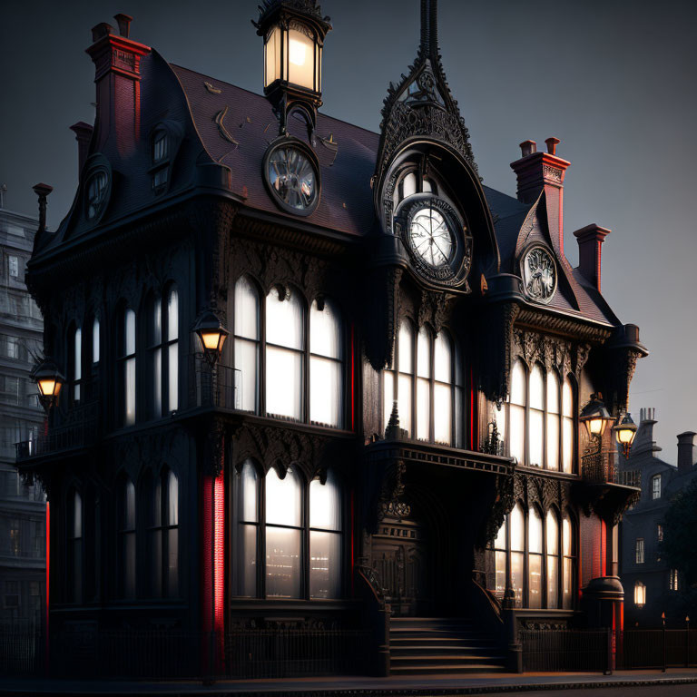 Gothic-style house with ornate architecture and multiple illuminated clock faces