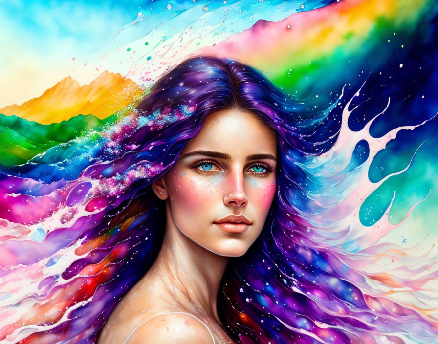 Colorful Cosmic Hair Woman with Blue Eyes in Rainbow Background