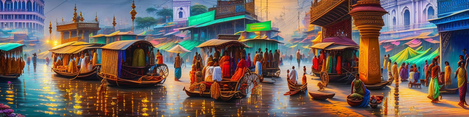 Vibrant market scene by waterway with traditional attire, boats, and colorful architecture