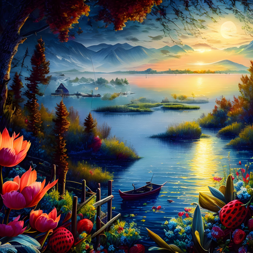 Tranquil lake sunset with blossoming flowers, boat, and distant mountains