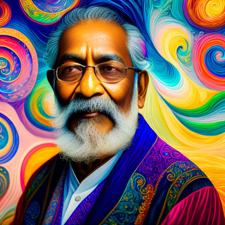 Colorful Portrait: Bearded Elderly Man with Glasses on Abstract Swirl Background