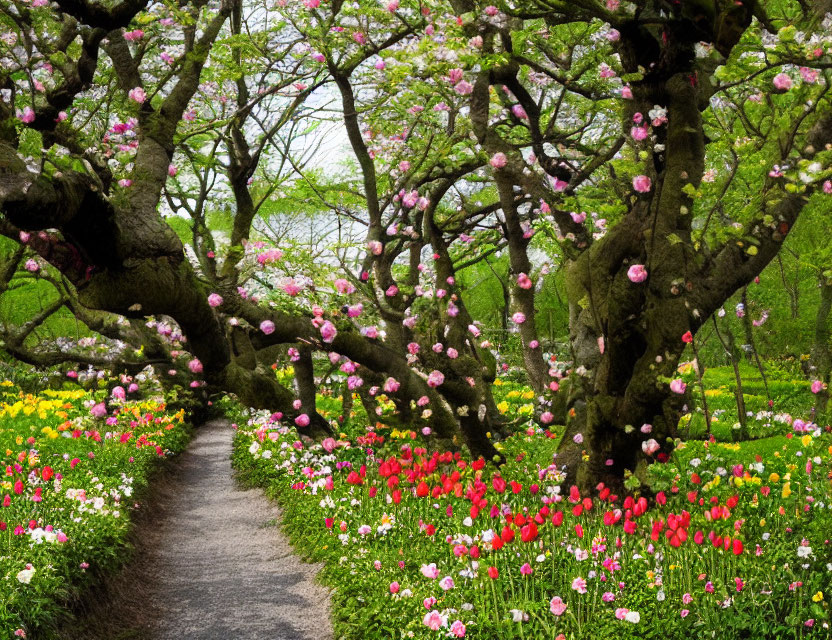 Vibrant garden path with pink trees and tulips under cloudy sky