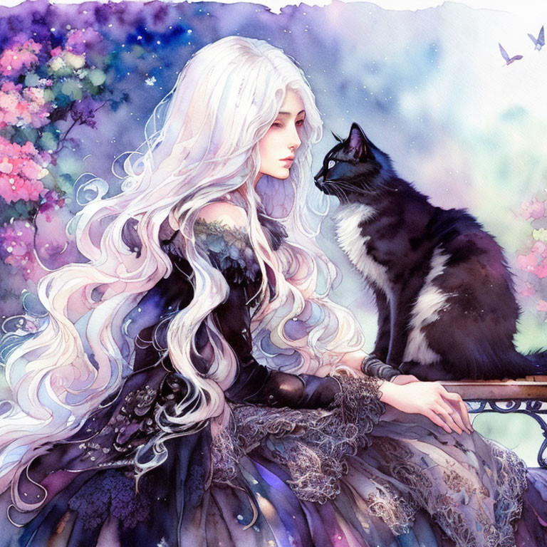 Long white hair woman in dark lacy dress with black and white cat and colorful nebula background