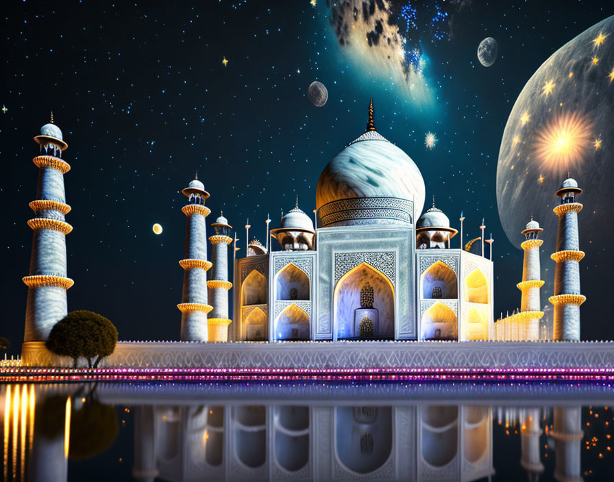 Exaggerated starry night sky over Taj Mahal reflected in water