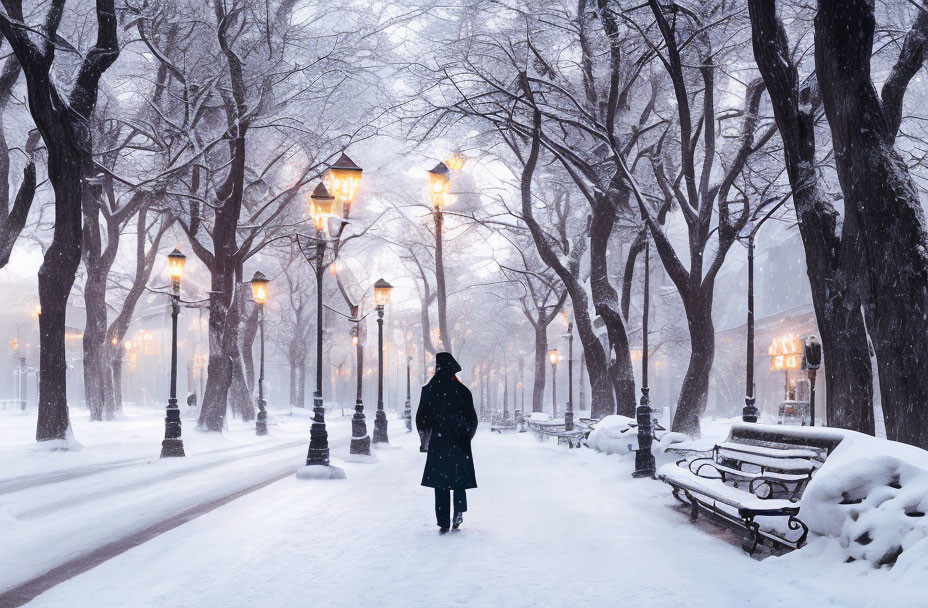 Snowy park path with benches and street lamps, figure walking in solitude