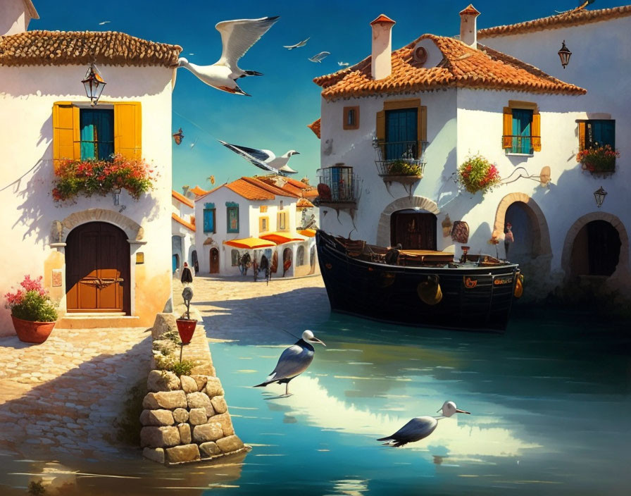 Tranquil waterfront village: white houses, vibrant flowers, boat on calm waters, seagulls