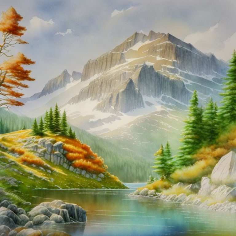 Tranquil Mountain Lake Scene with Colorful Trees