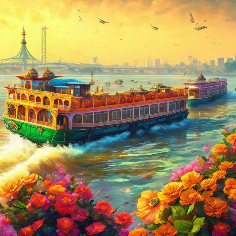 Colorful traditional boats on river with bridge, flowers, birds at sunset