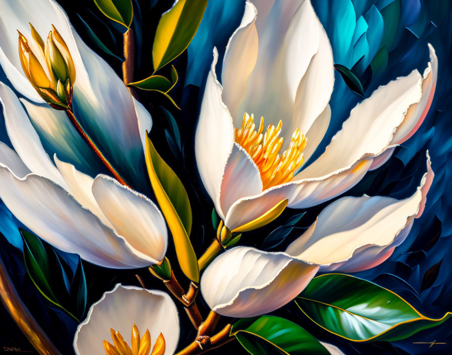 White Magnolia Flowers with Golden Stamens on Blue Background