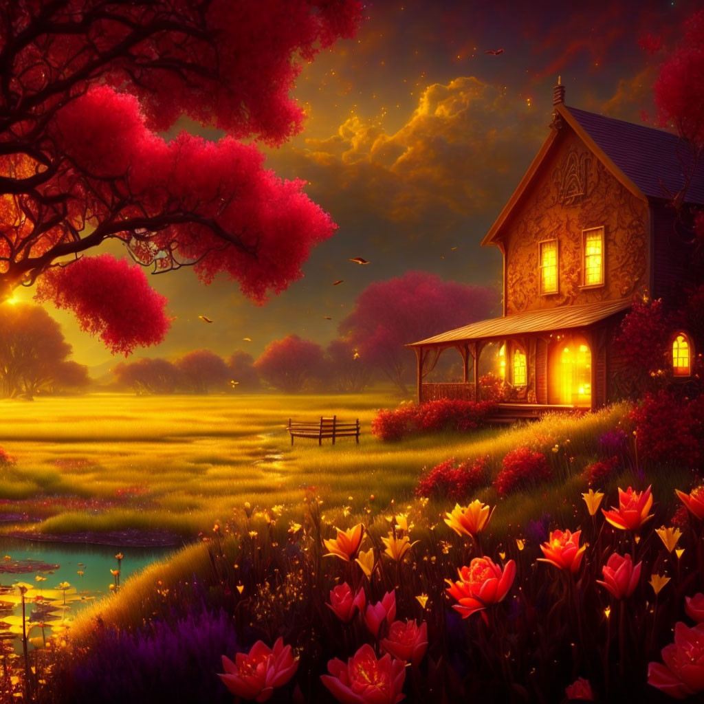 Tranquil house in lush fields at twilight