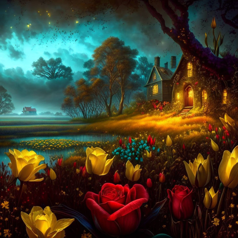 Twilight cottage with vibrant tulips, trees, and starry sky