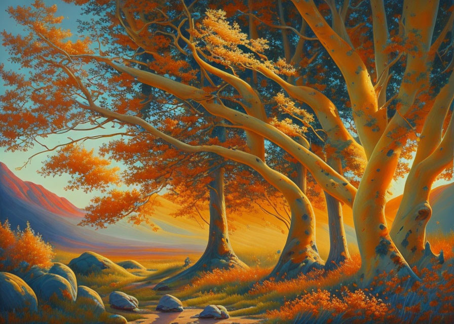 Vibrant forest scene with golden-leaved trees and glowing light