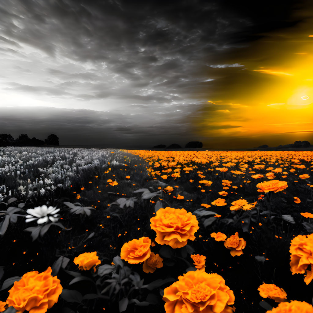 Orange Flowers in Black-and-White Landscape with Dramatic Sky