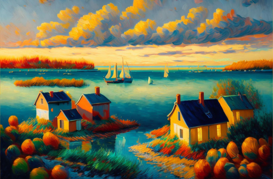 Colorful coastal scene with orange clouds, yellow houses, autumn trees, pumpkin path, and boats.