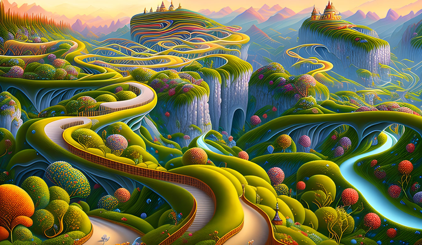 Colorful landscape with winding pathways, lush hills, flowing rivers, and whimsical trees under an illumin