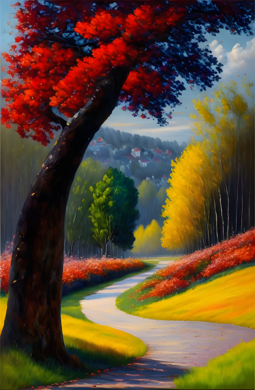 Vibrant autumn landscape with winding path and colorful trees