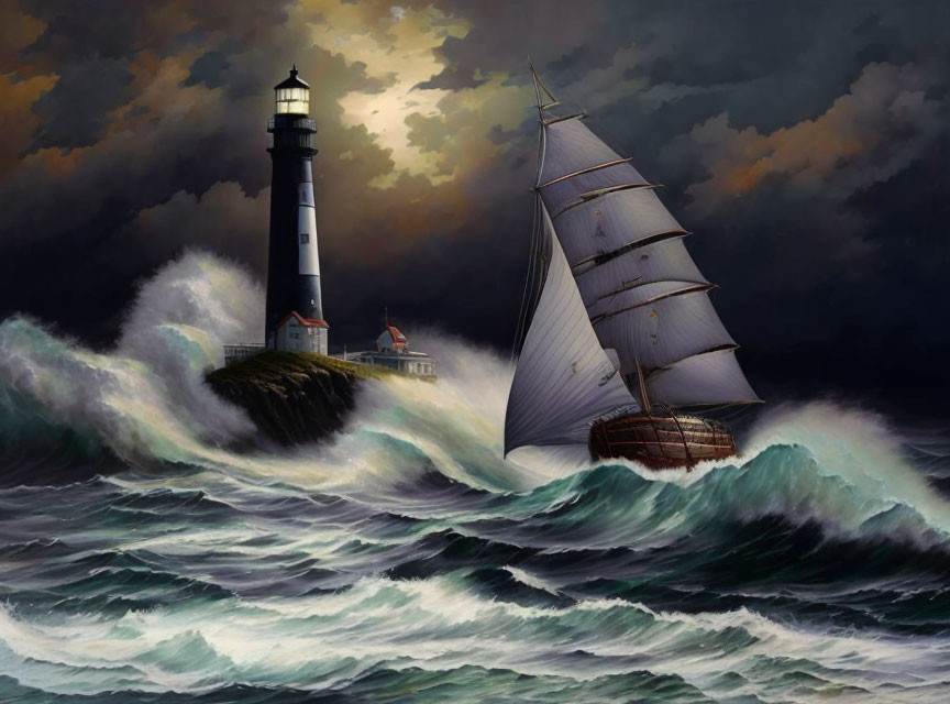 Sailboat navigating stormy waves near moonlit lighthouse