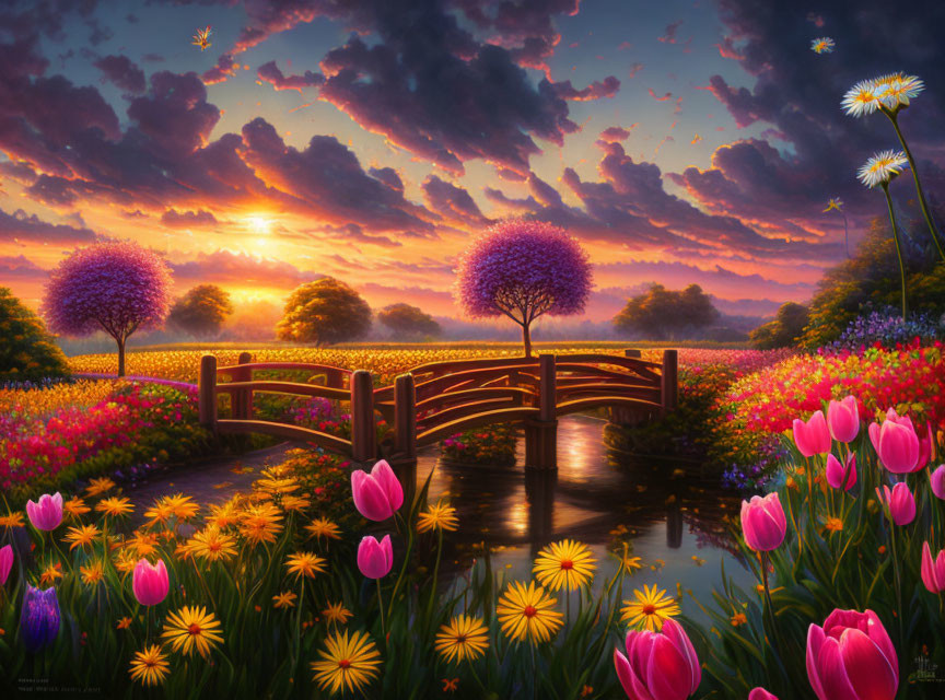 Scenic sunset landscape with wooden bridge and blooming flowers