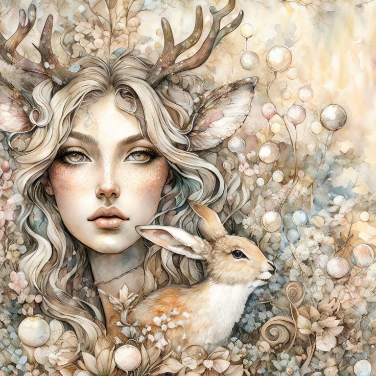 Fantasy illustration of woman with deer antlers in earthy tones