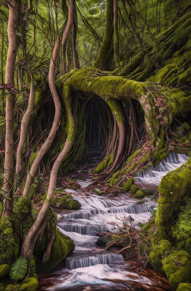 Moss-covered tree roots over cascading stream in mystical forest