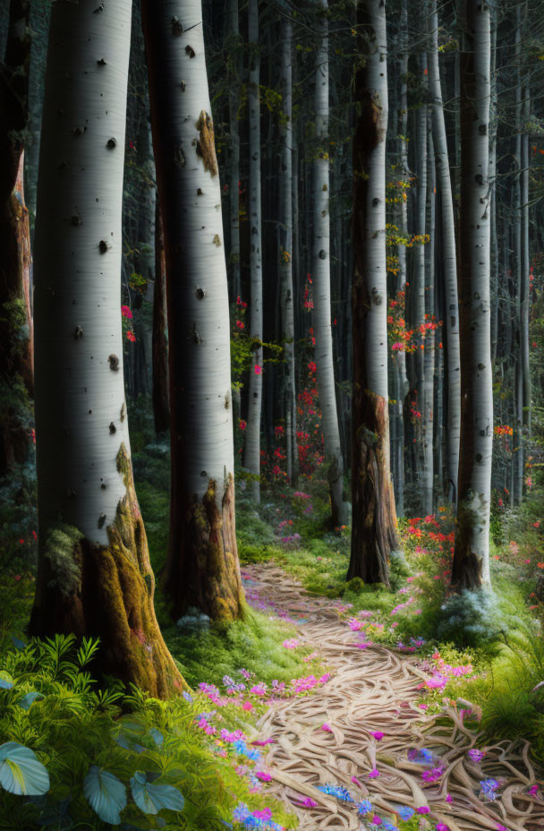 Tranquil forest path with tall trees and colorful flowers