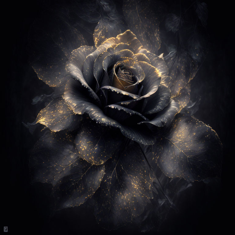 Digitally enhanced rose with black petals and golden edges on a dark background