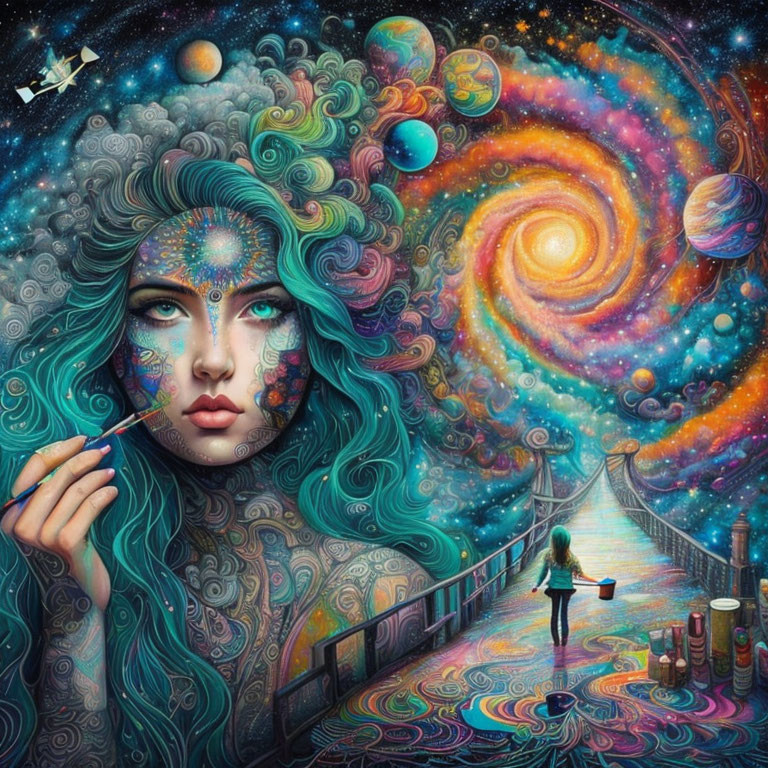 Surreal artwork: Woman with cosmic patterns, galaxy spiral, figure walking to starry horizon